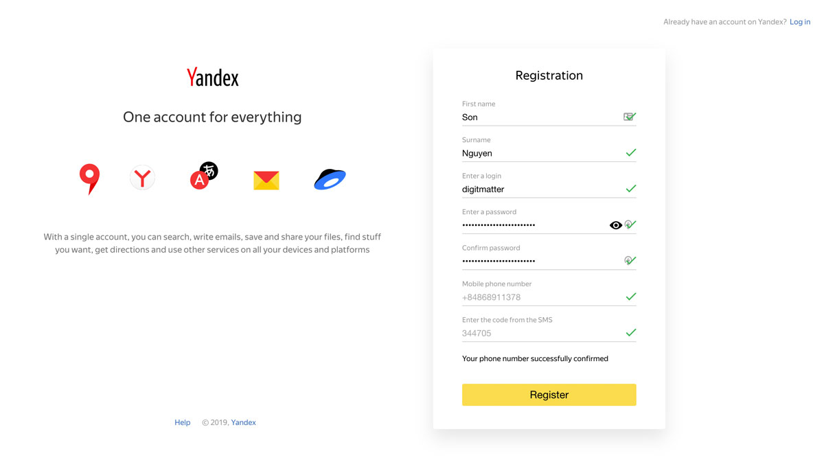xác nhận số điện thoại email đăng ký tài khoản Yandex