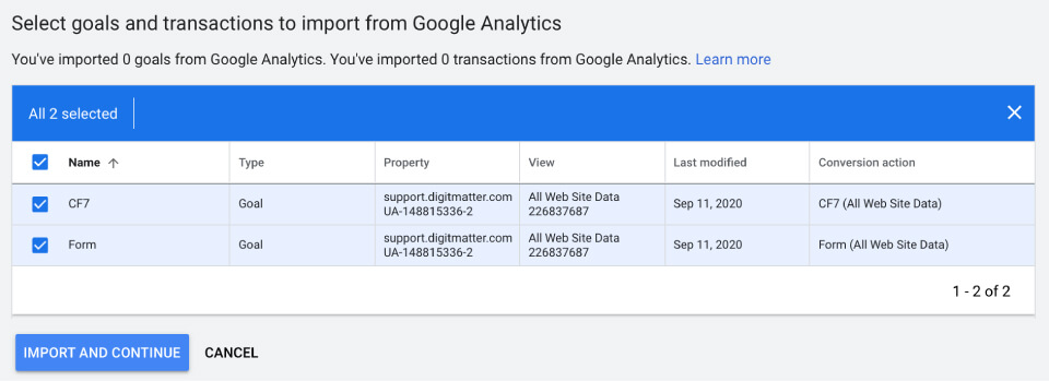 Hướng dẫn cài đặt chuyển đổi trong Google Ads từ sự kiện điền form từ mục tiêu trong Google Analytics bước chọn mục tiêu