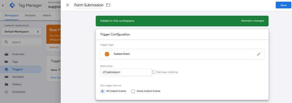 Tracking sự kiện điền form Contact Form 7 bằng Google Tag Manager. Bước 2 tạo trình kích hoạt sự kiện tùy chỉnh