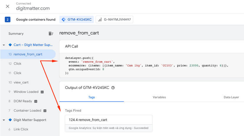 preview sự kiện remove_from_cart GA4 bằng Google Tag Manager